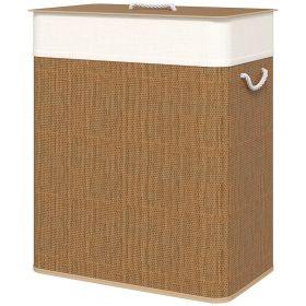 Double Laundry Basket with Lid, 26.4 Gallon Bamboo Laundry Hamper with Rope Handles and Removable Liner, Brown
