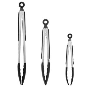 3Pcs Kitchen Tongs Stainless Steel Locking Food Tongs with Silicon Tips BPA Free Non-Stick BBQ Cooking Grilling Locking Food Tongs (Option: Silver)